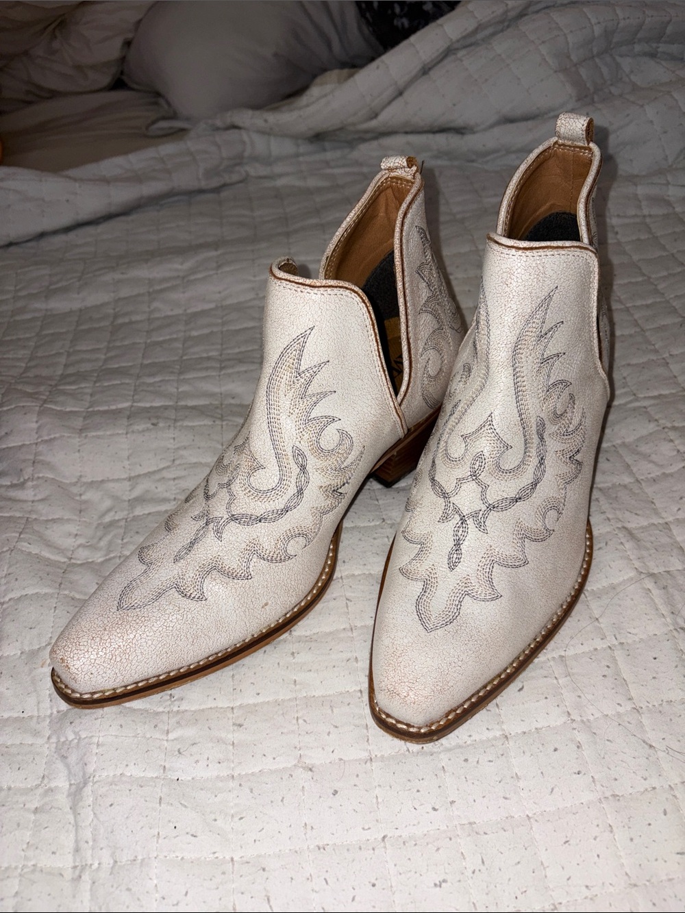 Myra White/Cream Western Embroidered Ankle Booties